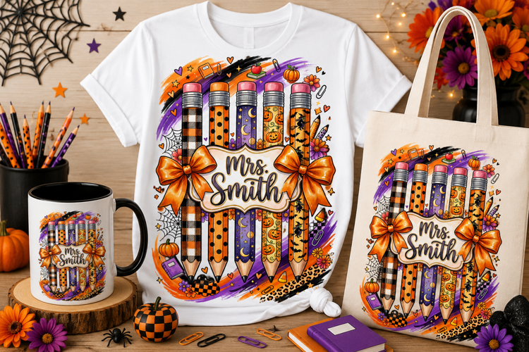 Personalized Halloween Teacher PNG | Custom Name Pencil Desi