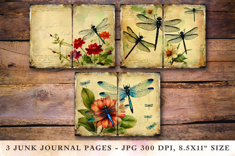 Junk Journal Pages - floral dragonfly example image 1