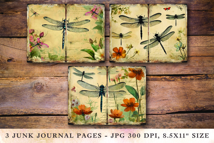 Junk Journal Pages - floral dragonfly
