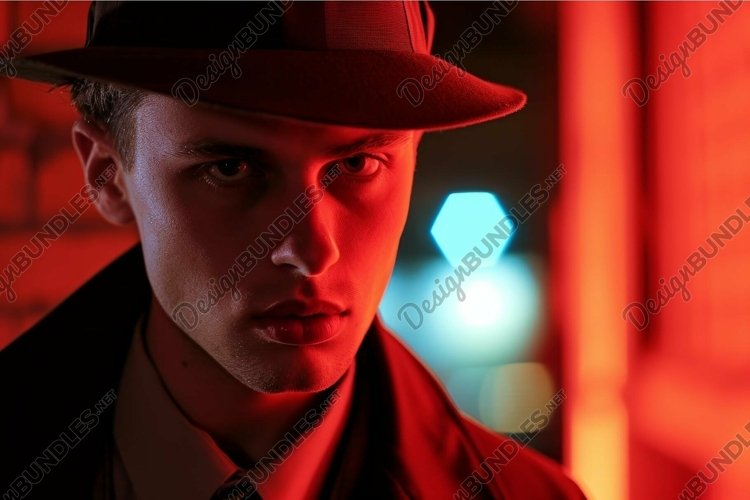 Mysterious man in hat with red neon light example image 1