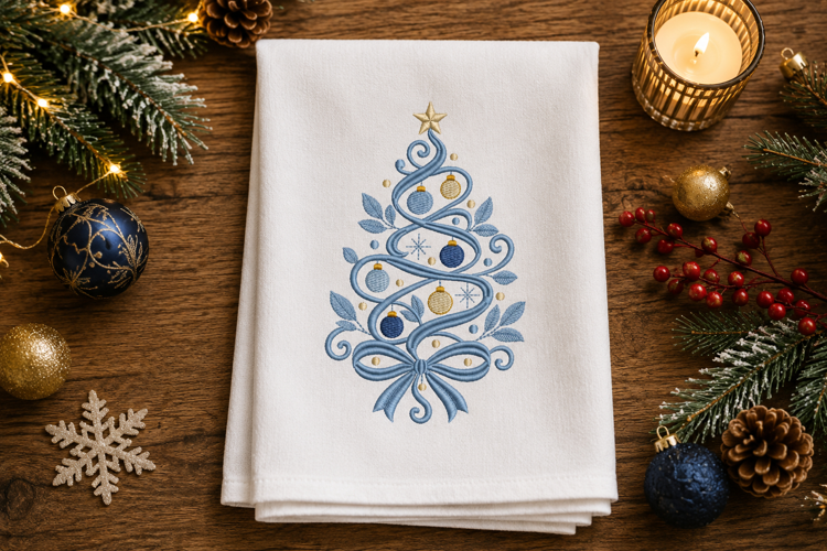 Blue Christmas Tree Embroidery Design with Gold Ornaments