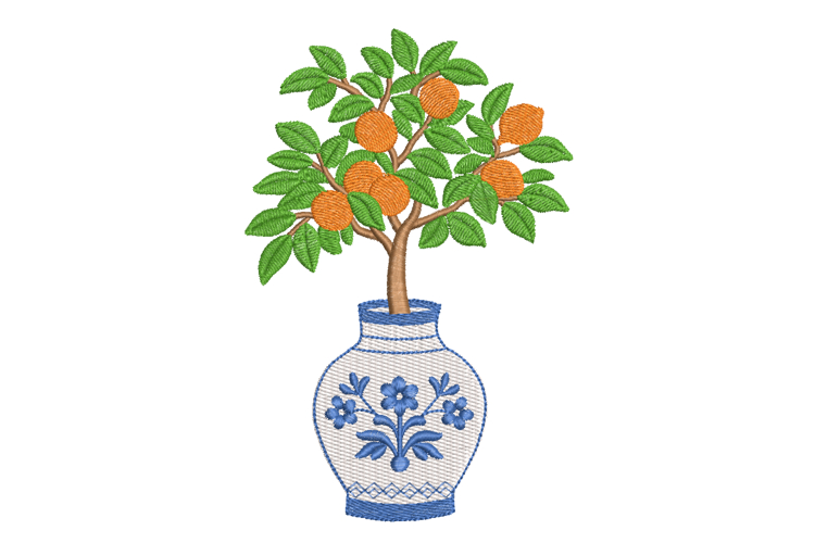 Orange or Lemon Tree Embroidery Design, Chinoiserie Vase