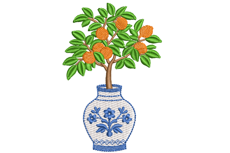 Orange Tree Embroidery Design, Chinoiserie Vase