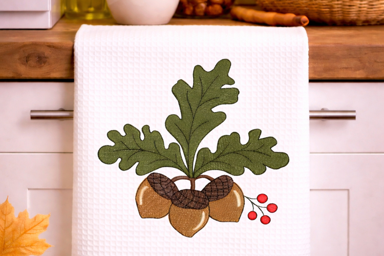 Acorn Embroidery Design Fall Leaves
