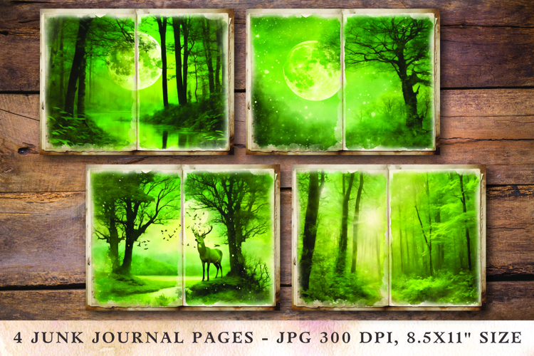Junk Journal Pages - green night forest