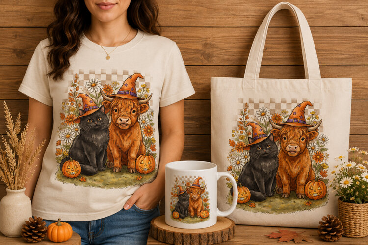 Witch Cats and Highland Cow Checkered Halloween Design example image 1