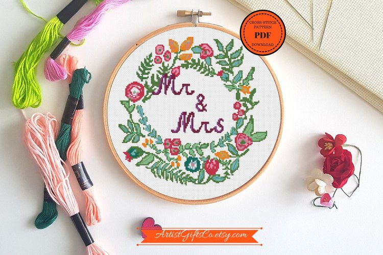 Cross Stitch Beautiful round Mr&Mrs cross stitch pattern PDF example image 1