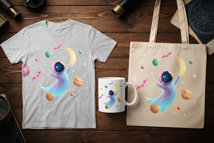 Ghost Astronaut Space Halloween Design with Planets and Bats