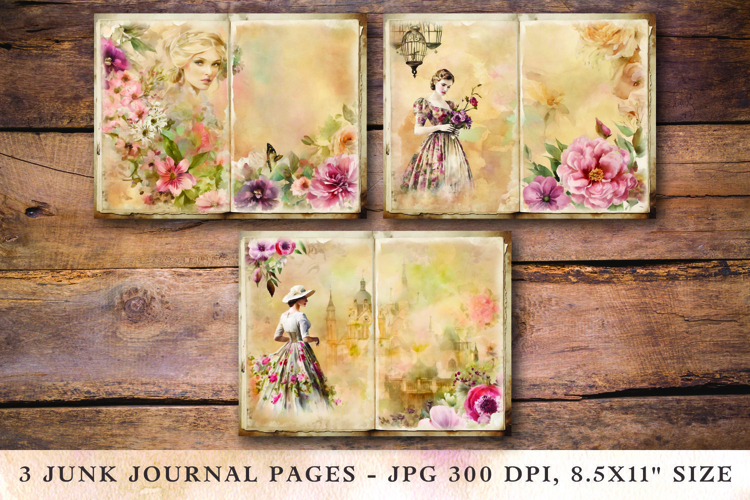 Junk Journal Pages - floral victorian girl