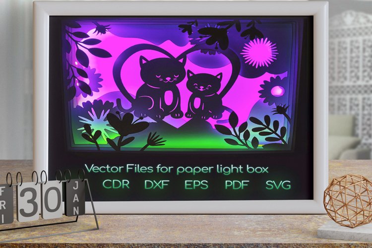 Cat love Light box PNG SVG DXF CDR template Papercut example image 1