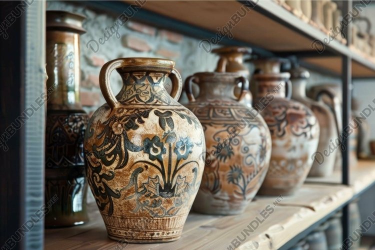 Old hand painted clay amphora vases standing on wooden shelf example image 1