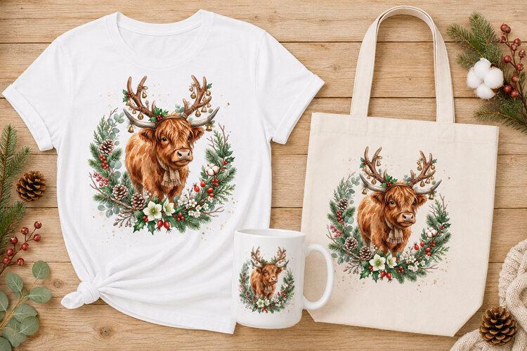 Watercolor Highland Cow Reindeer Antlers Christmas Wreath example image 1