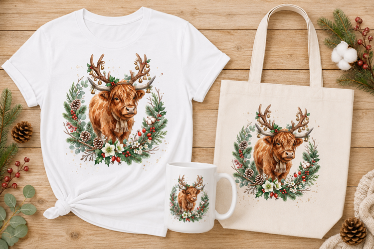 Watercolor Highland Cow Reindeer Antlers Christmas Wreath