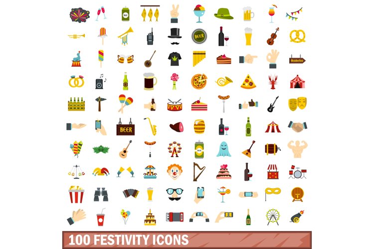 100 festivity icons set, flat style