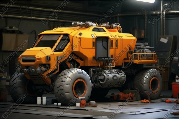 Futuristic orange all-terrain vehicle in a workshop