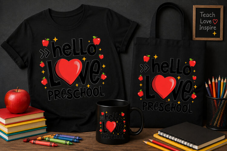 Hello I Love Preschool PNG, Apple Teacher School Design example image 1