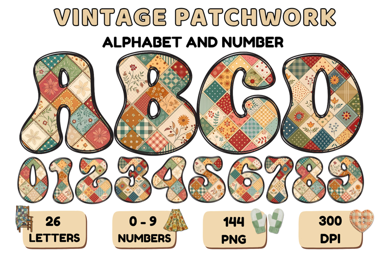 Vintage Patchwork Alphabet PNG Letters & Numbers