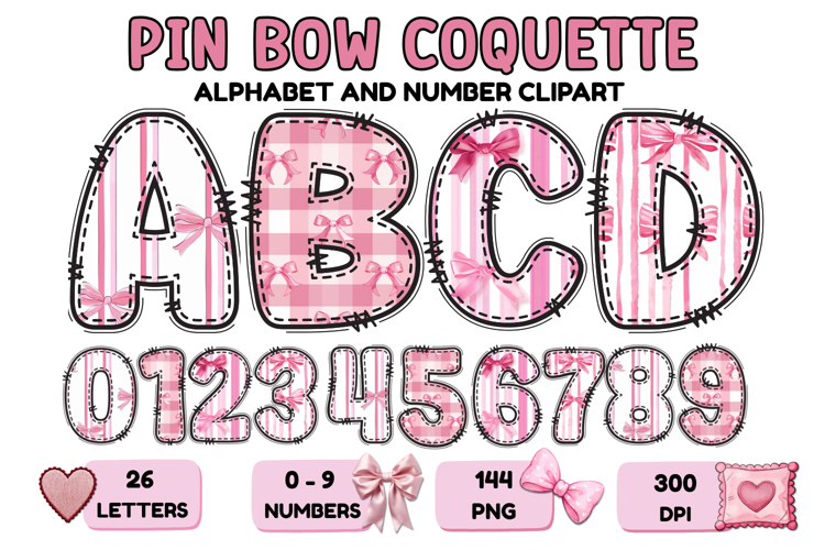 Coquette Bow Patchwork Alphabet PNG Letters & Numbers 300DPI