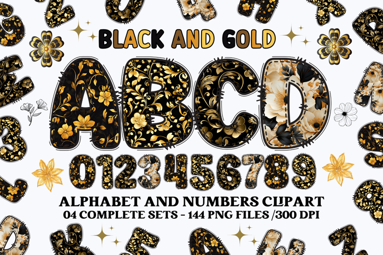 Black and Gold Alphabet png clipart, gold letters doodle
