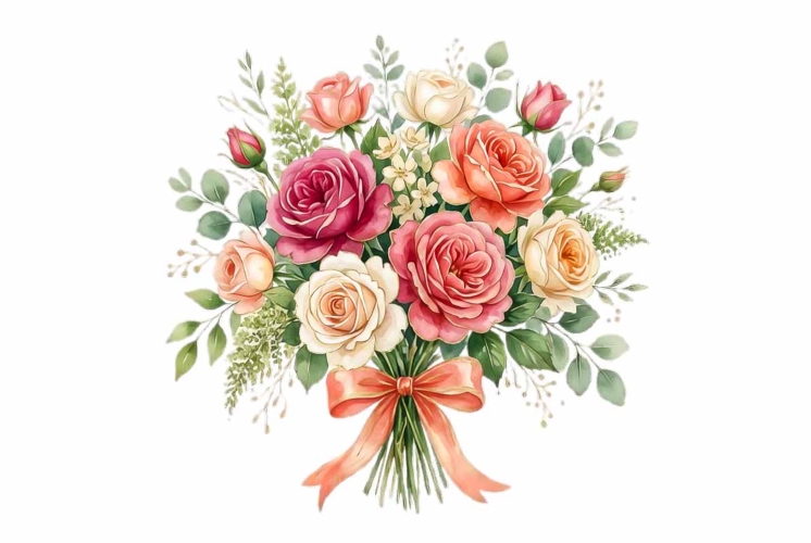 Watercolor soft peony bouquet with green leaves