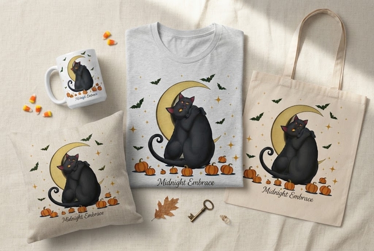 Halloween Black Cat PNG | Cute Cat Couple Moon Pumpkin