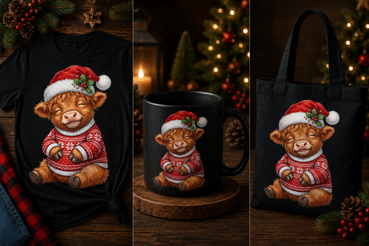 Cute Highland Cow Christmas Sweater PNG Holiday Winter Desig example image 1
