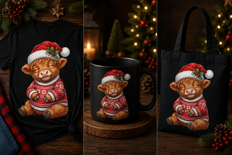 Cute Highland Cow Christmas Sweater PNG Holiday Winter Desig