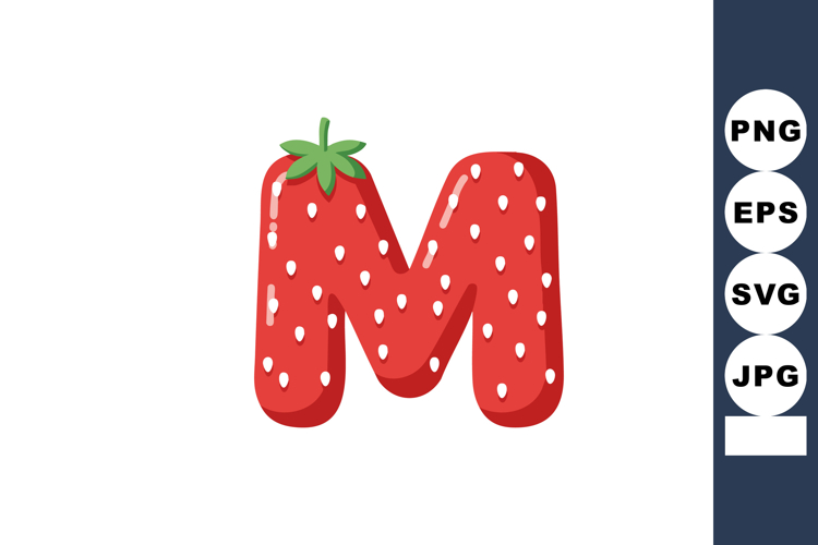 Strawberry inspired letter M red fruit design with green lea