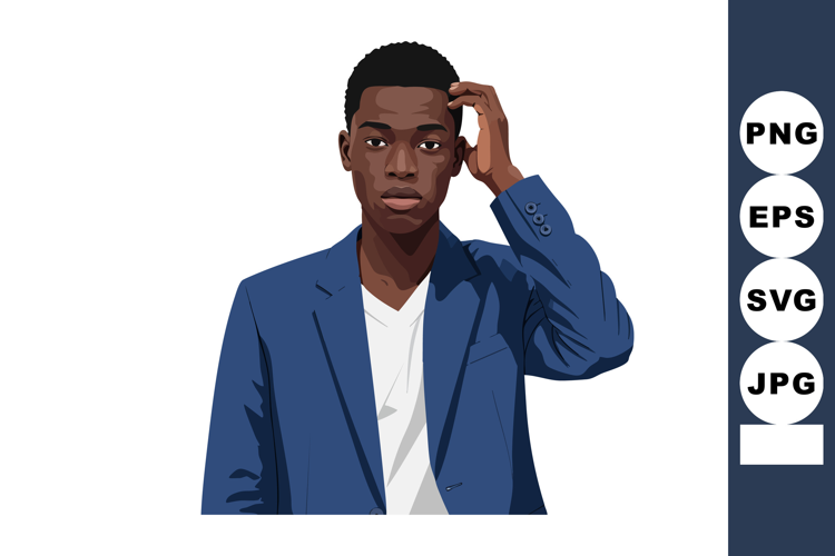 Young man wearing blue blazer and white shirt in thoughtful