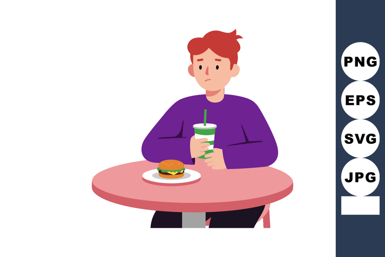 Young man sitting at round table with burger and drink casua