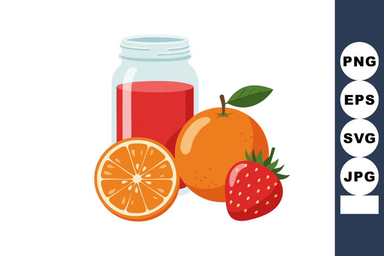 Orange and Strawberry with Jar of Red Juice Vector Illustrat