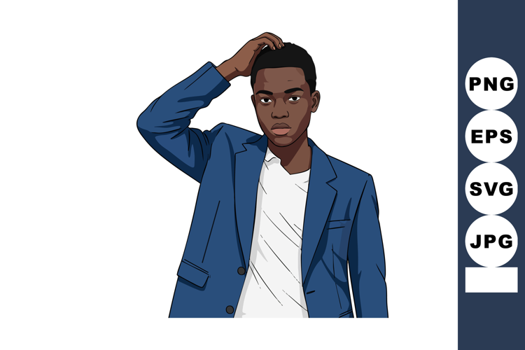 Young man in blue blazer scratching head thoughtful expressi