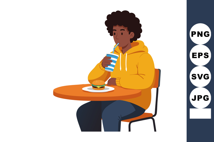 Young man drinking soda and eating burger at orange table in