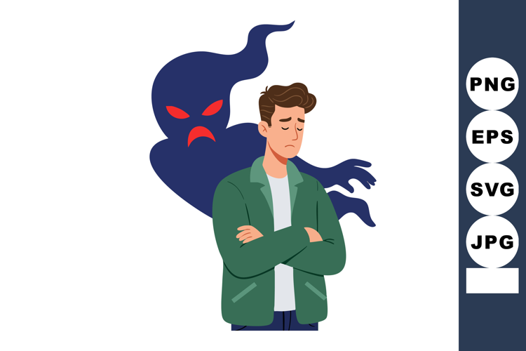 Young man overwhelmed by dark shadow figure illustrating fea