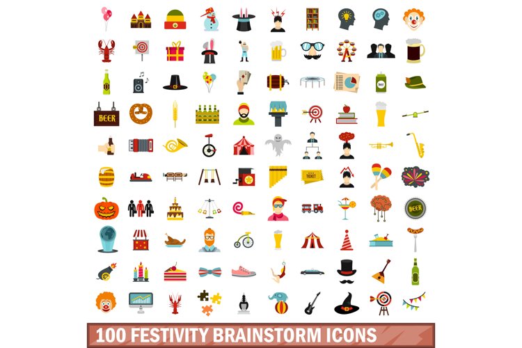 100 festivity brainstorm icons set, flat style