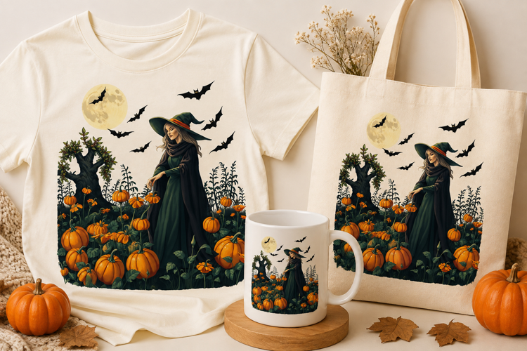 Halloween Witch in Pumpkin Patch PNG | Moon & Bats