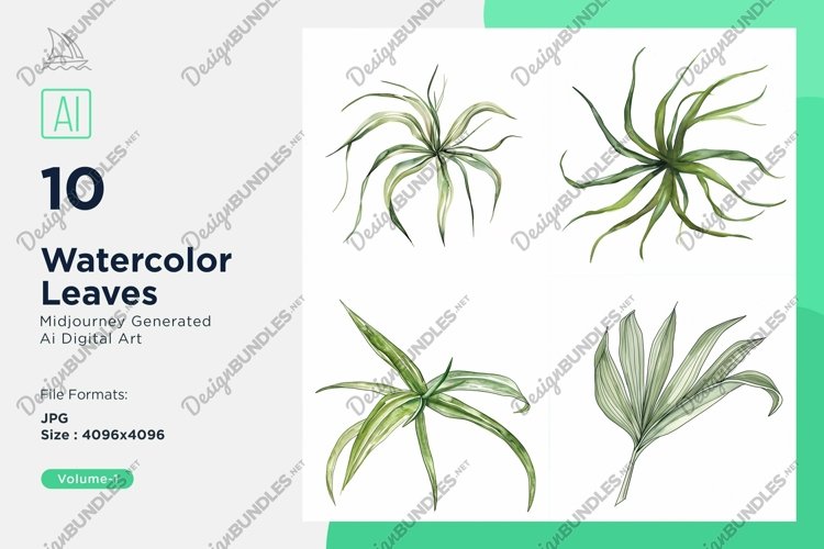 Aloe Vera, Air Plant, Areca Palm Leaves Watercolour example image 1