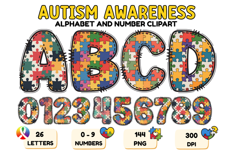 Autism Awareness Doodle Letters Puzzle Piece Alphabet PNG