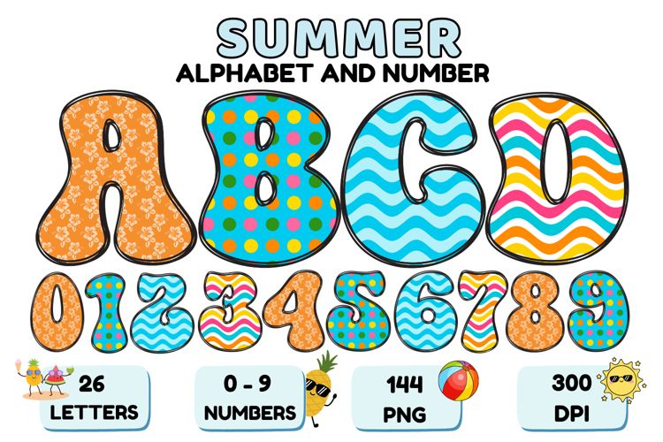 Summer Alphabet & Numbers PNG Clipart Doodle Letters 300 DPI