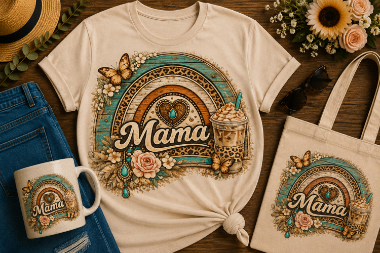 Mama Rainbow PNG | Boho Mama Sublimation Design | Iced Coffe