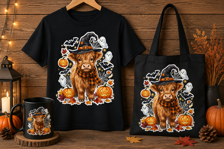 Witch Highland Cow Sticker Cute Ghost Halloween Art