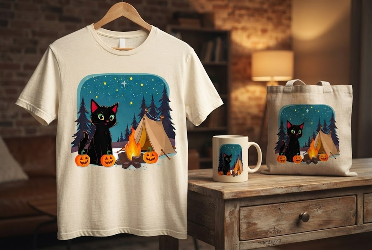 Spooky Skull Campfire Halloween Design with Pumpkins