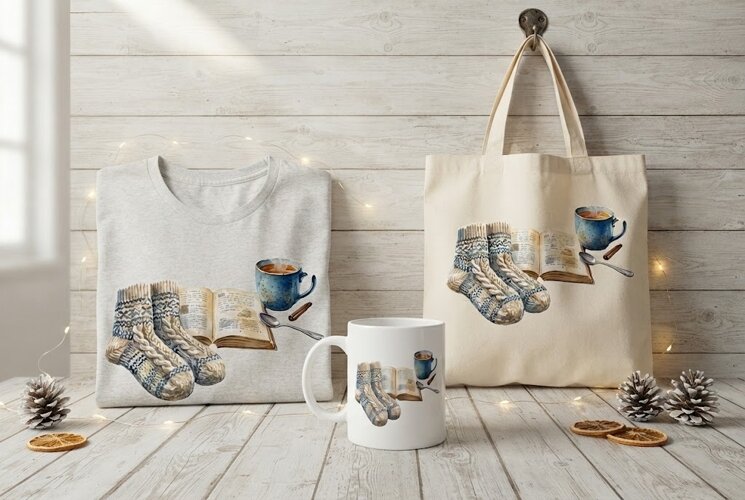 Cozy Knitted Socks and Book Winter Art example image 1