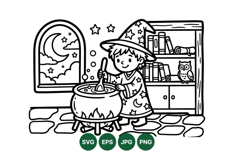 Hand Drawn Wizard Stirring Magic Cauldron Illustration