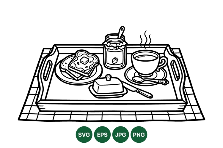 Hand Drawn Breakfast Tray With Coffee And Toast Illustration
