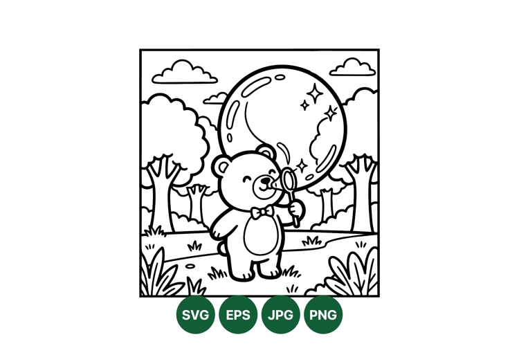 Cute Bear Blowing Bubble Black Line Art Design