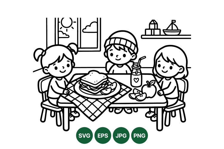 Line Art Kids Lunch Time Svg Illustration