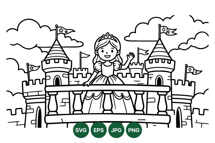 Princess And Castle Outline SVG Clipart Illustration