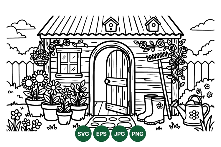 Hand Drawn Garden Shed Floral Clipart Design