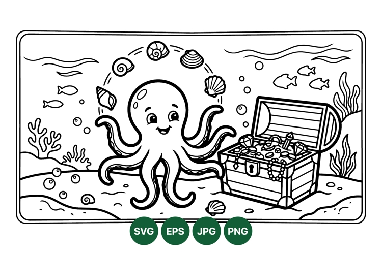 Black And White Octopus With Treasure Chest Illustration